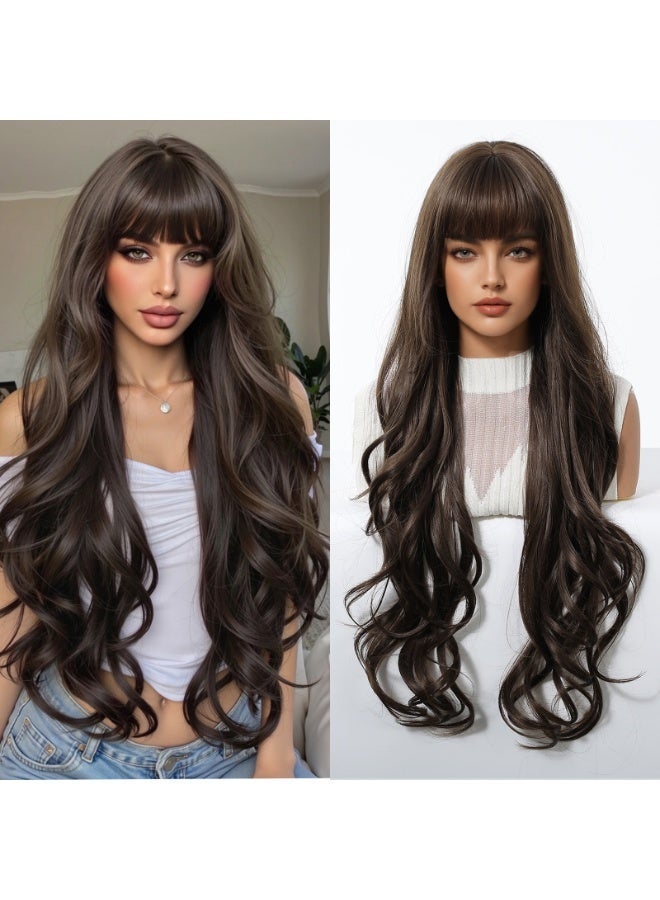 Joudi Long wave black Brown Wig with Bangs for Women, Natural Soft Synthetic Heat Resistant Hair Wig for Wedding Cosplay Party Daily Wear, 30 Inches - Image 1